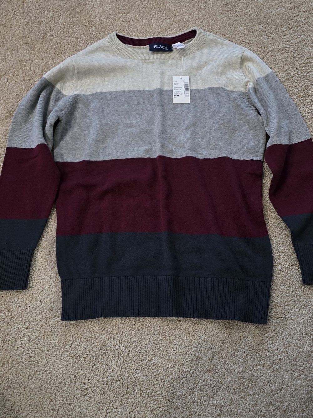 The Children's Place Maroon Gray Cream Striped Crewneck Sweater